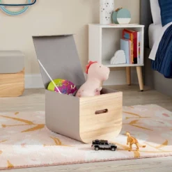 Medium Natural Wood Kids' Storage With Lid Gray - Pillowfort™